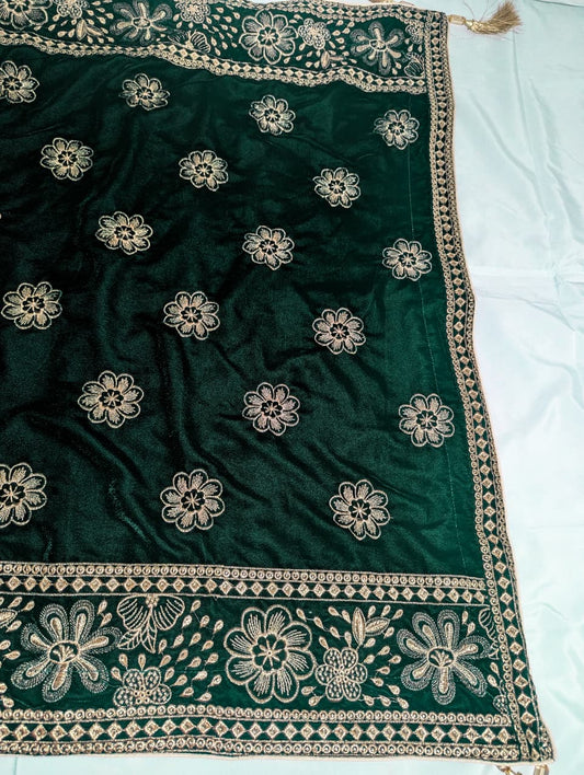 Deep Green Velvet Shawl with Jamawar Palta