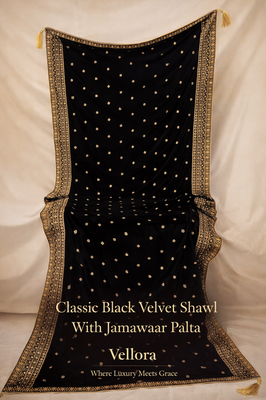 Classic Black Velvet Shawl – Subtle Jamawaar Palta Design