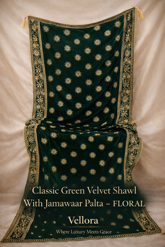 Deep Green Velvet Shawl with Jamawar Palta